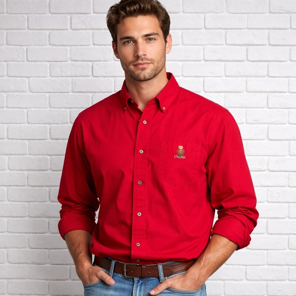 Chaps Ralph Lauren Mens XXL Red Cotton Long Sleeve Crest Logo Button Down Shirt